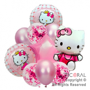 SET DE GLOBOS METALIZADOS KITTY Y LATEX CON CONFETI x 10 UNIDADES